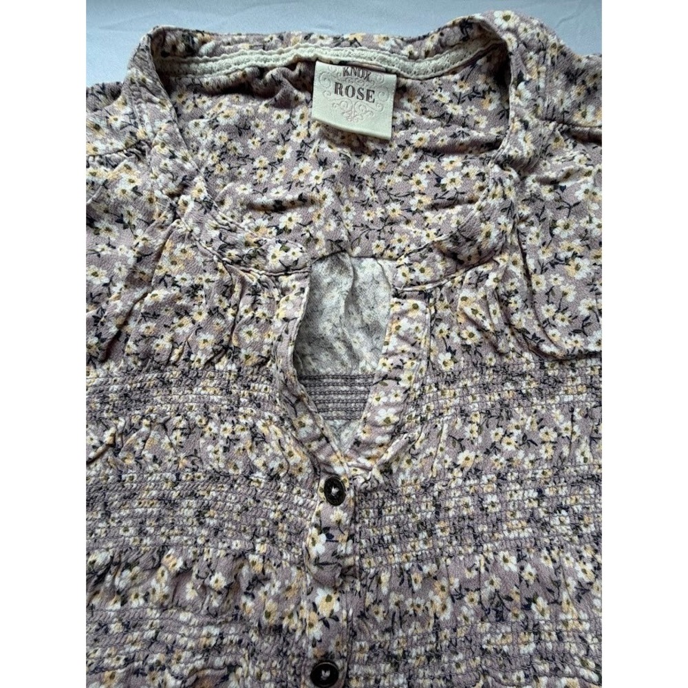 Knox Rose Purple Floral Smocked Button Front Blouse Boho Rayon Top Womens L - Picture 8 of 11
